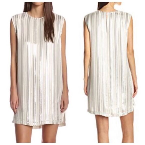 Rebecca Minkoff • Lars Silk Sleeveless Metallic Stripe Shift Dress Size S - Picture 2 of 9